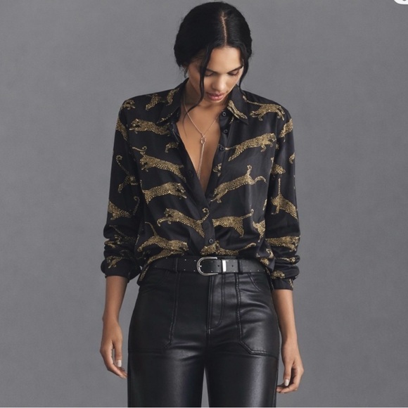 Worthington Tops - Vtg Black Leopard Print Blouse | Gold Jaguar Print | Button V-Neck Top | Large